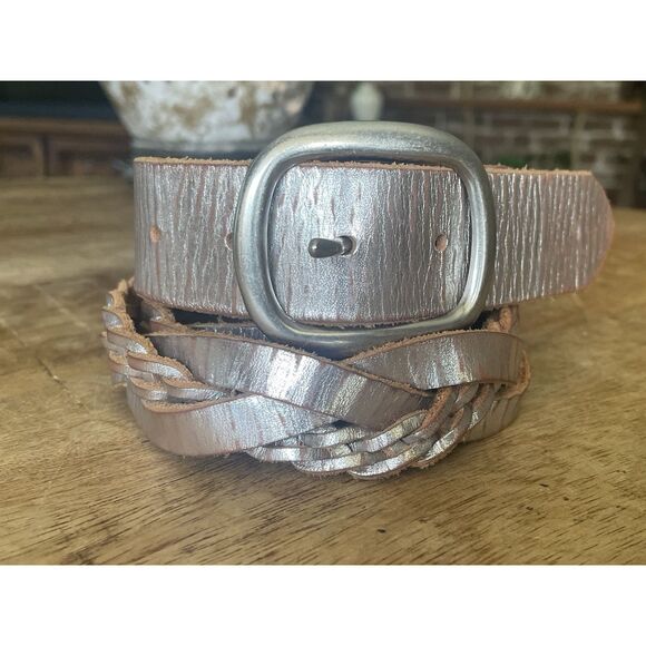Fossil Silver Metallic Braided Leather Belt Women’s M 42” Rustic Boho Style - Picture 1 of 6